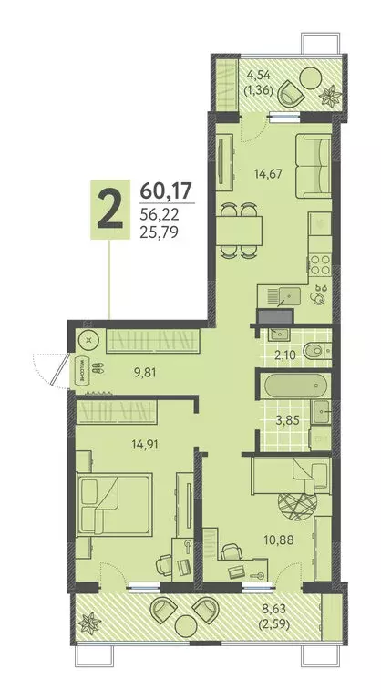 2-комнатная квартира: Краснодар, ЖК Тёплые Края (60.17 м) - Фото 1