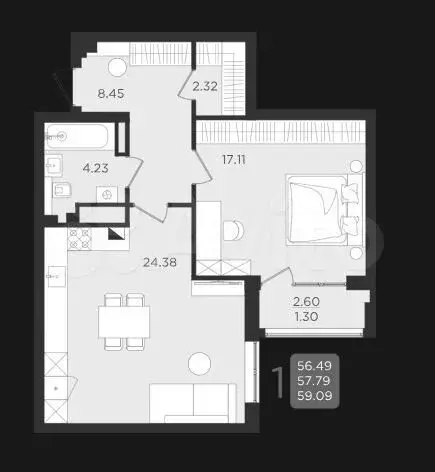 1-к. квартира, 59,1 м, 4/9 эт. - Фото 1