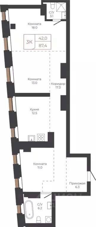 3-к кв. Алтайский край, Барнаул пл. Баварина, 8к1 (87.0 м) - Фото 1