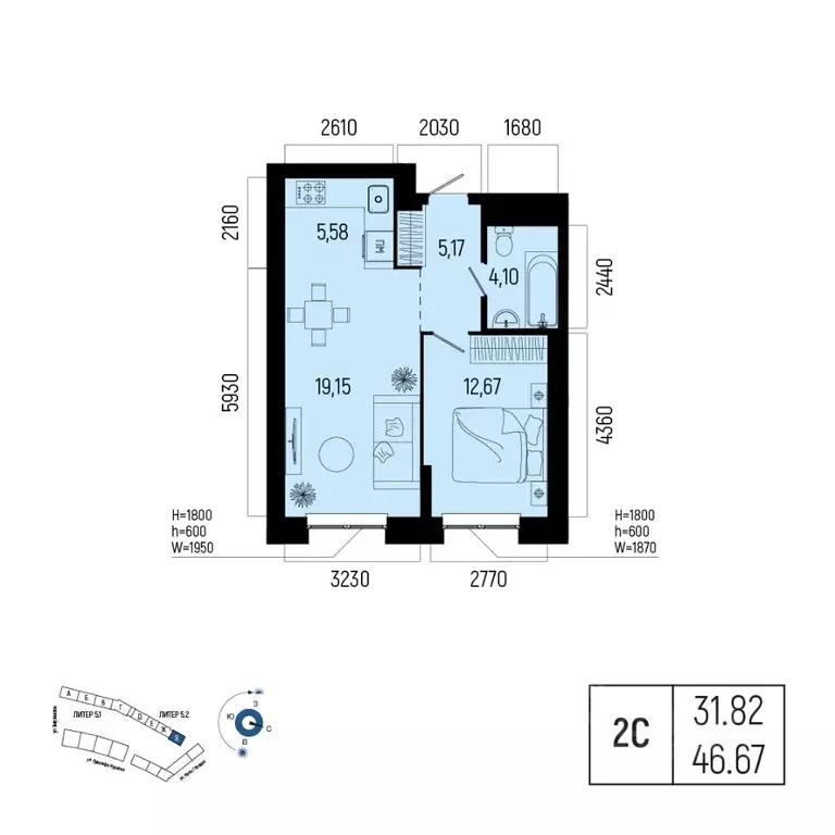 2-к кв. Башкортостан, Уфа Глумилино-1 мкр, Новатор жилой комплекс ... - Фото 1