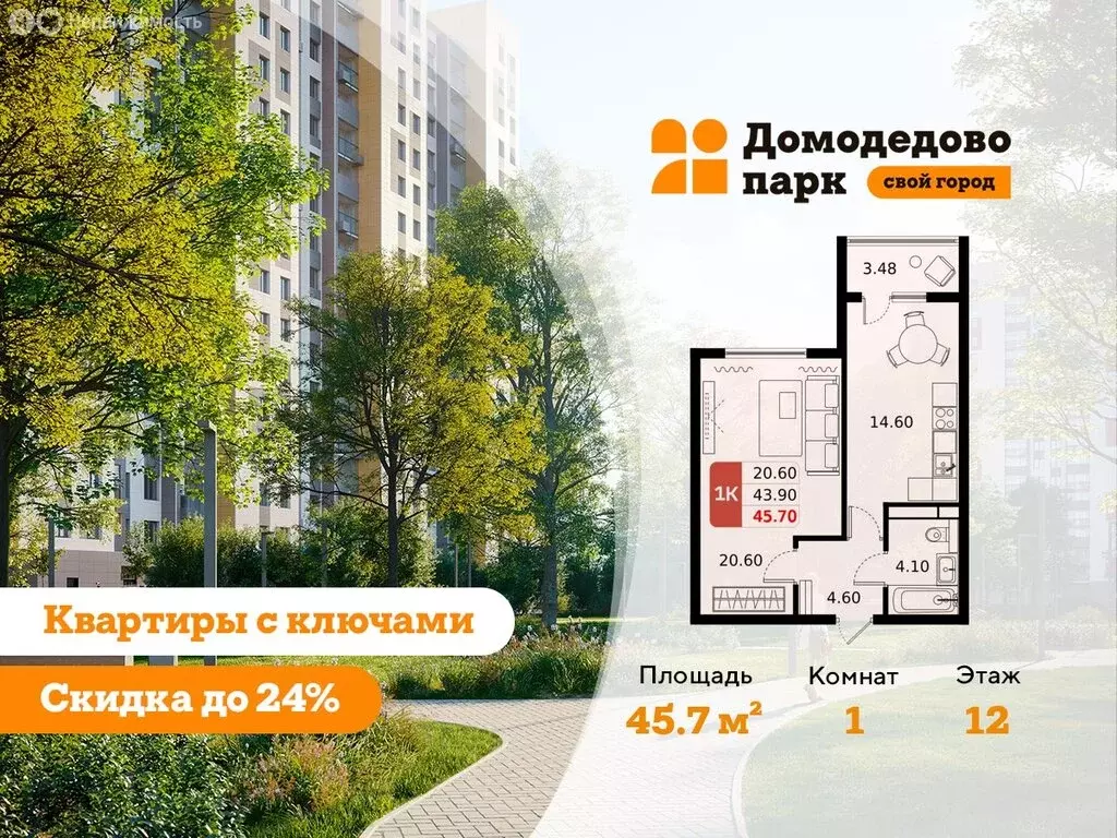 1-комнатная квартира: Московская область, городской округ Домодедово, ... - Фото 1