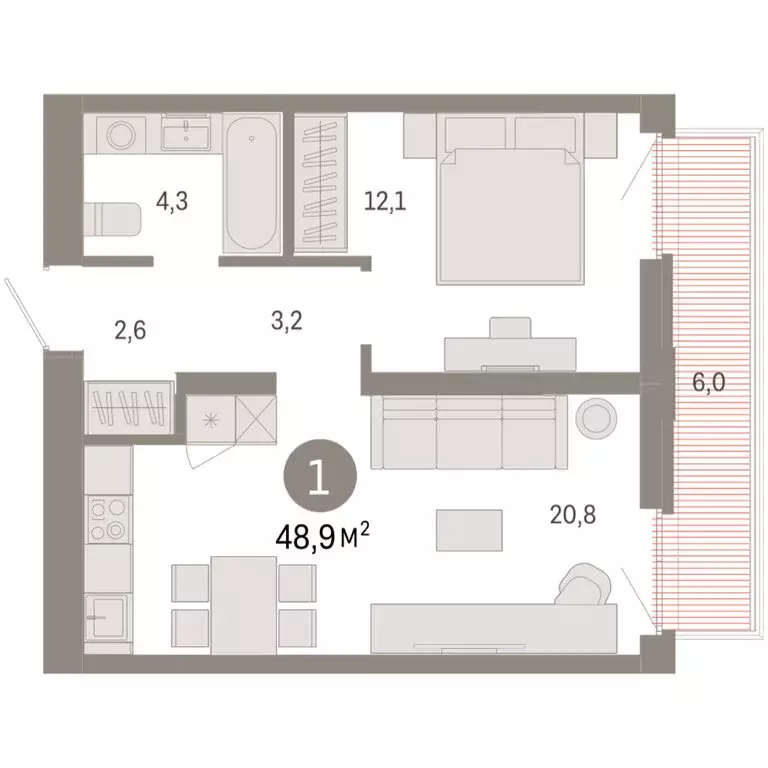 1-комнатная квартира: Тюмень, Ленинский округ (48.87 м) - Фото 1