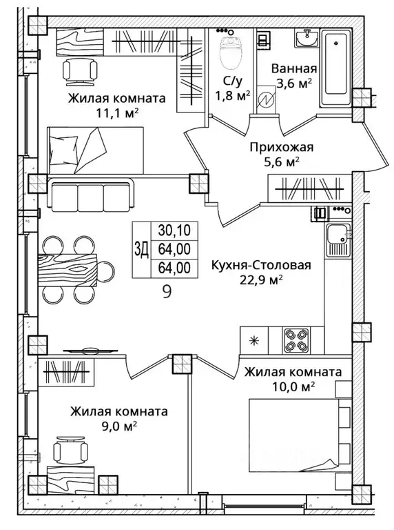 3-к кв. Псковская область, Псковский район, Завеличенская волость, д. ... - Фото 1