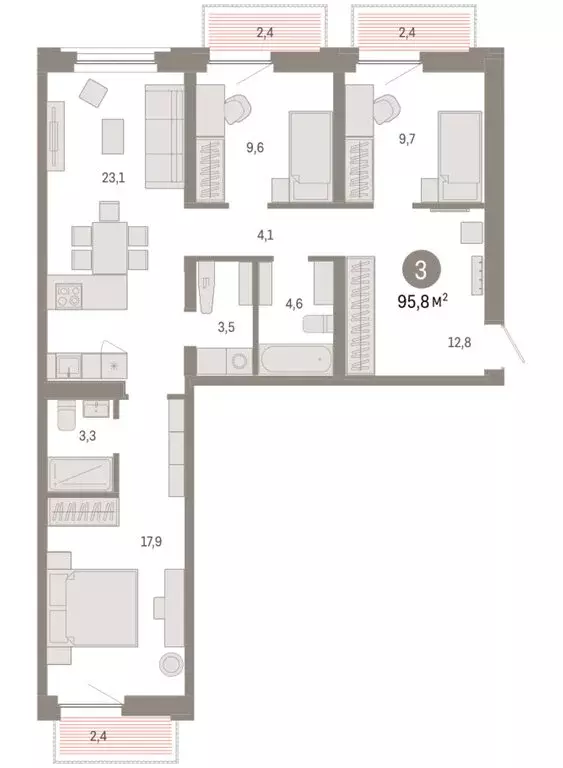 3-комнатная квартира: Тюмень, Мысовская улица, 26к2 (95.83 м) - Фото 1