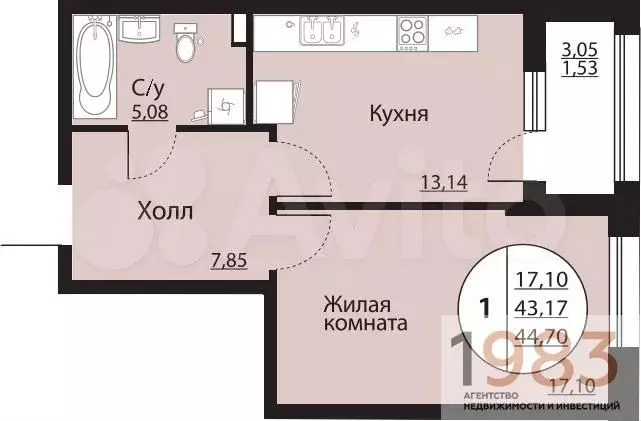 1-к. квартира, 44,7 м, 2/24 эт. - Фото 0