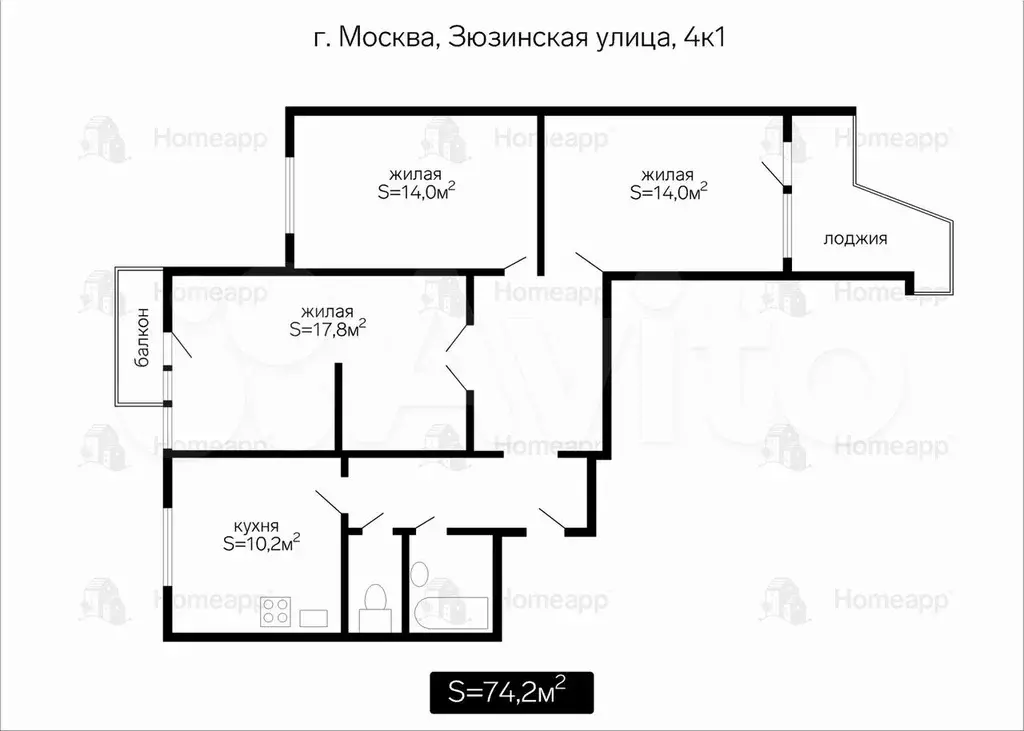 3-к. квартира, 74,2 м, 6/17 эт. - Фото 0