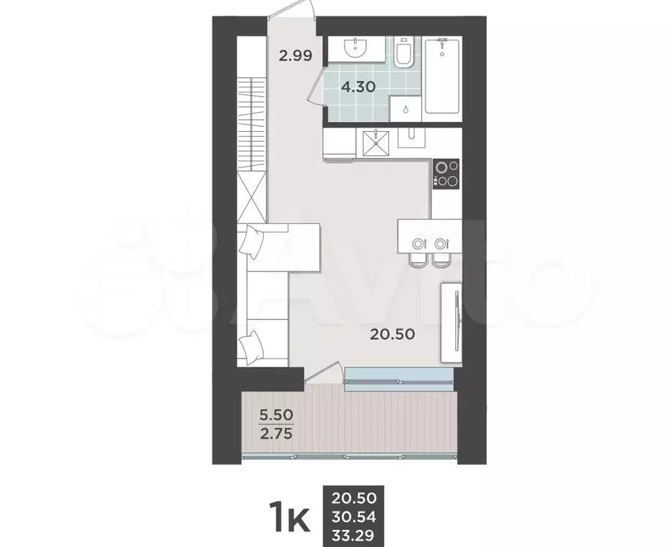 Квартира-студия, 30,8 м, 4/9 эт. - Фото 1