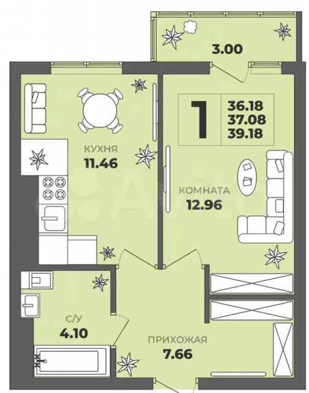 1-к. квартира, 37,1 м, 2/8 эт. - Фото 1