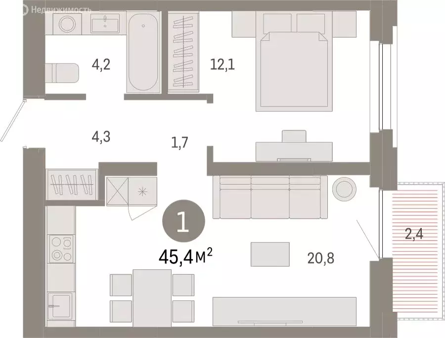 1-комнатная квартира: Тюмень, Мысовская улица, 26к2 (45.4 м) - Фото 0