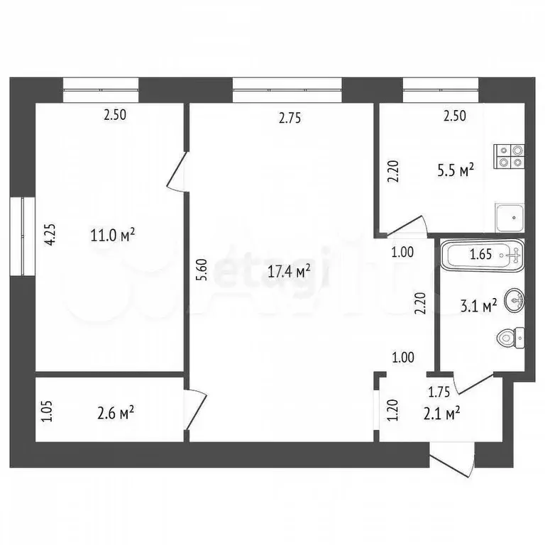 2-к. квартира, 41,7 м, 5/5 эт. - Фото 0