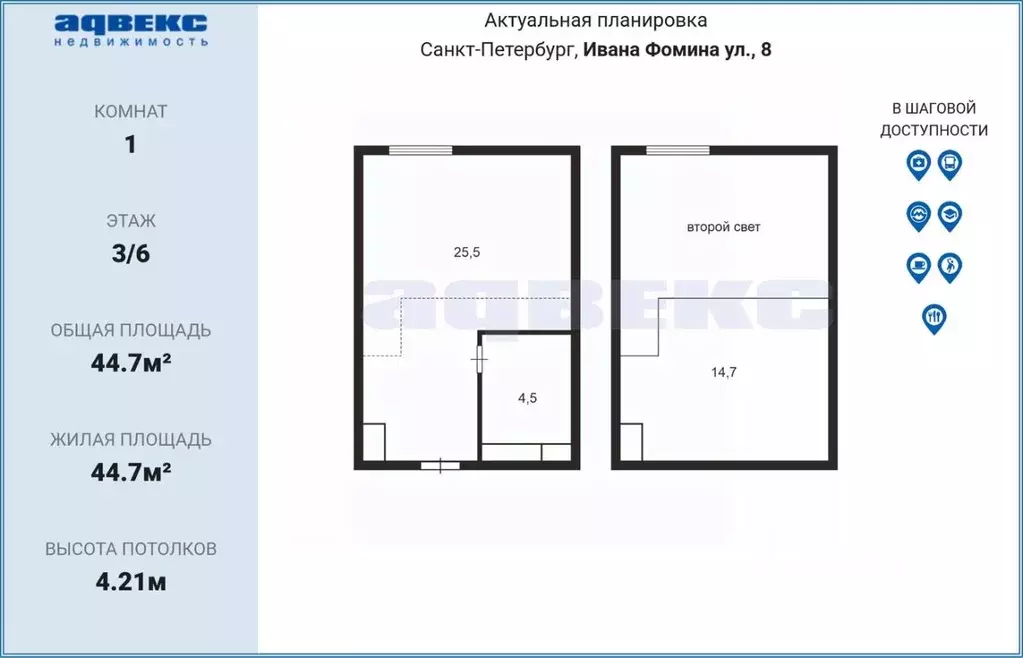 Студия Санкт-Петербург ул. Ивана Фомина, 8 (44.7 м) - Фото 2