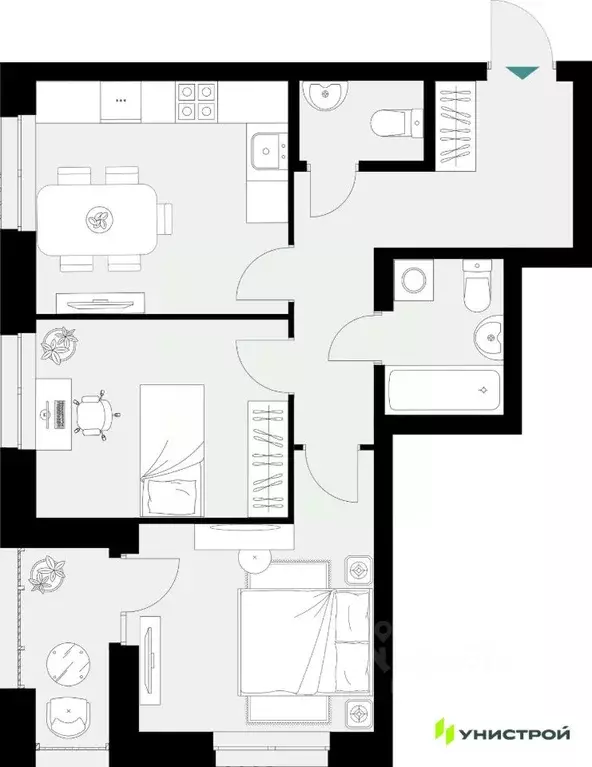 2-к кв. Татарстан, Казань 38-й кв-л,  (55.95 м) - Фото 1