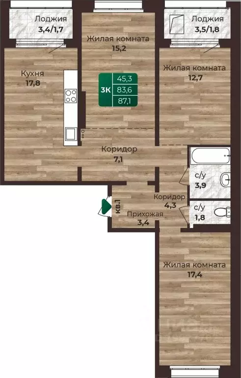 3-к кв. Алтайский край, Барнаул ул. 6-я Нагорная, 15в/к1 (87.1 м) - Фото 0