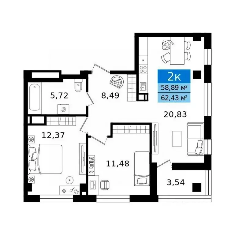 2-к кв. Курганская область, Курган просп. Конституции (62.43 м) - Фото 2