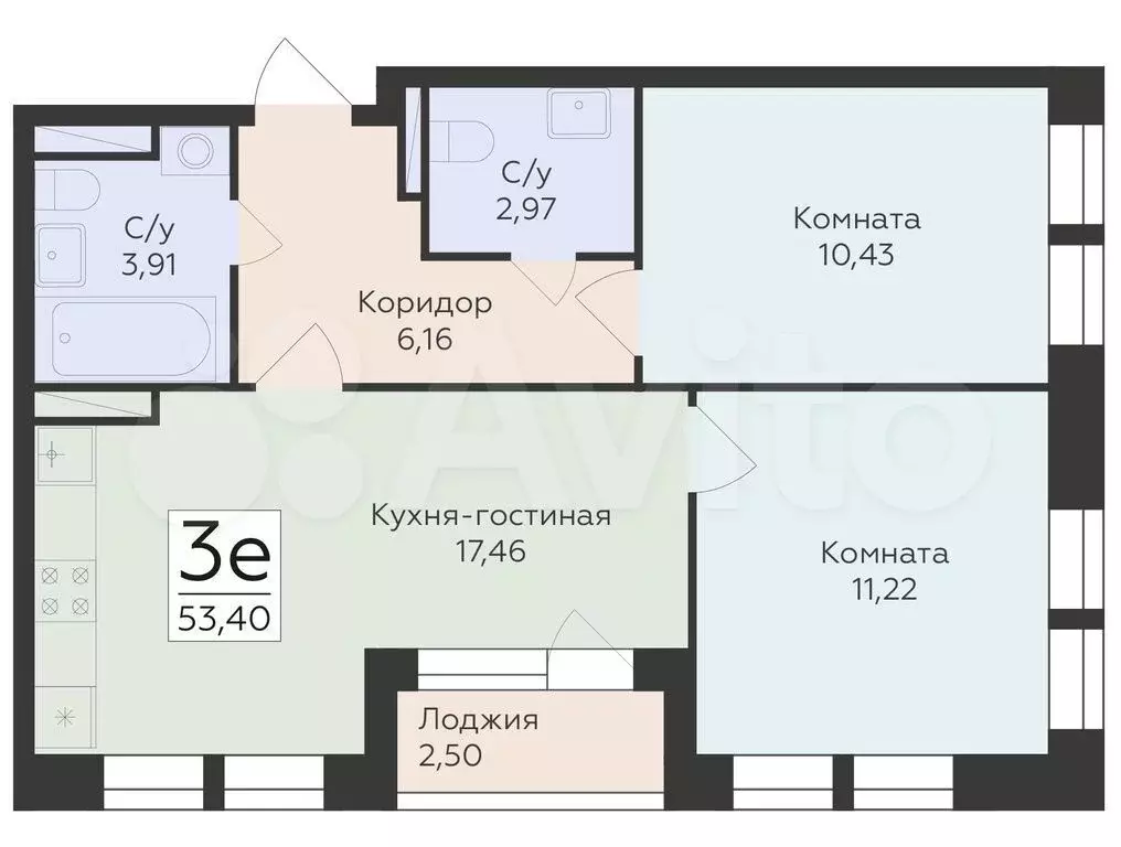 3-к. квартира, 53,4 м, 8/25 эт. - Фото 0