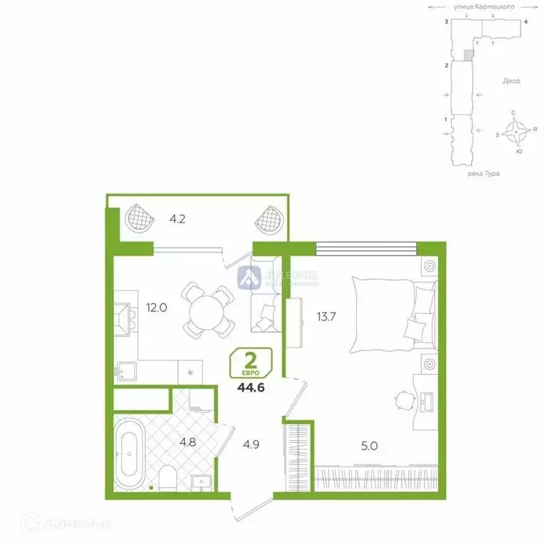 2-комнатная квартира: Тюмень, улица Евгения Войнова, 3 (44.6 м) - Фото 0