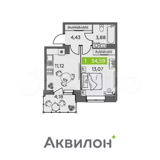 1-к. квартира, 34,6 м, 7/9 эт. - Фото 0