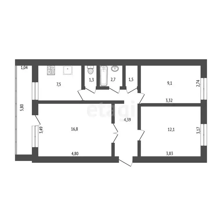 3-комнатная квартира: Стерлитамак, Стадионная улица, 19 (59 м) - Фото 1