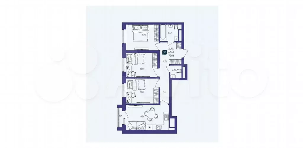 3-к. квартира, 68,4 м, 13/25 эт. - Фото 1