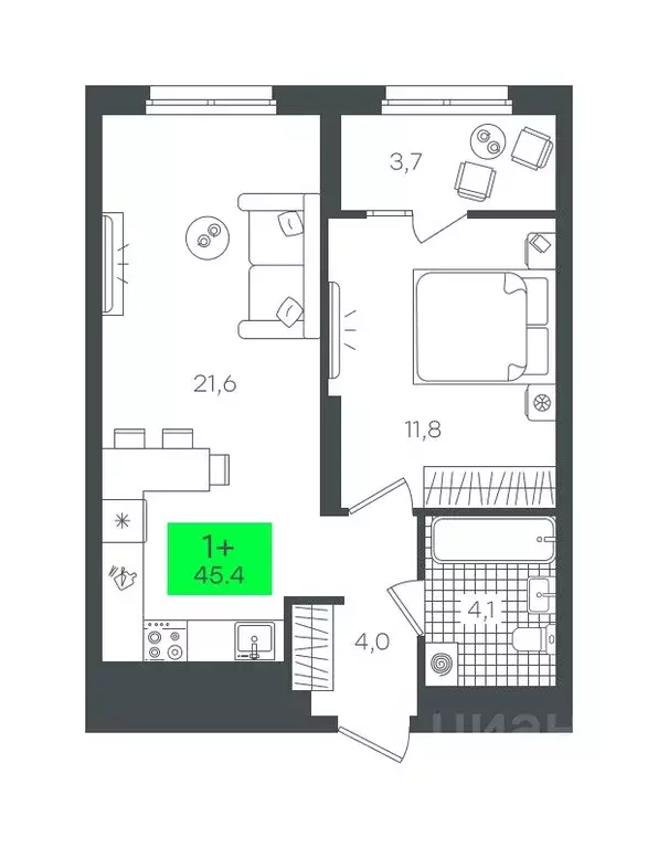 1-к кв. Тюменская область, Тюмень ул. Василия Малкова, 19 (45.43 м) - Фото 0