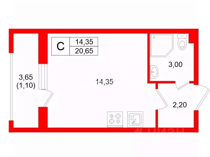 Студия Санкт-Петербург пос. Шушары, просп. Старорусский, 5к2 (20.65 м) - Фото 2