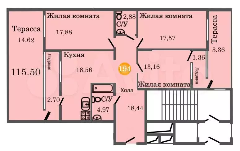 3-к. квартира, 115,5 м, 2/12 эт. - Фото 0