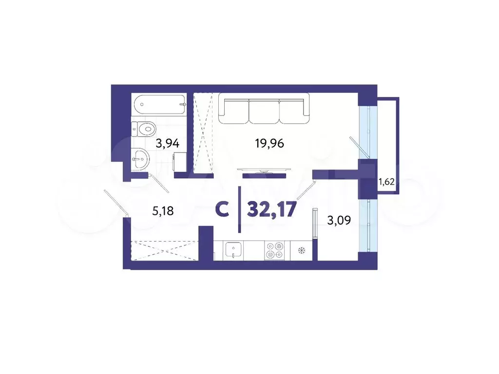 Квартира-студия, 32,2 м, 13/13 эт. - Фото 1