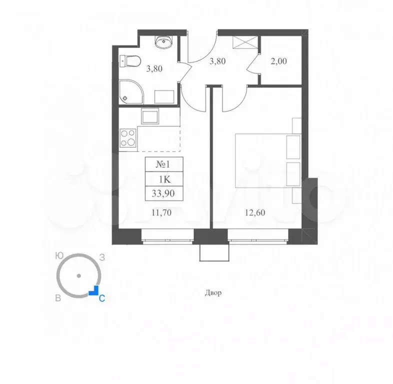 1-к. квартира, 33,9 м, 1/11 эт. - Фото 1