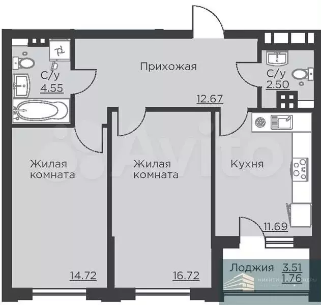 2-к. квартира, 64,6 м, 4/18 эт. - Фото 0