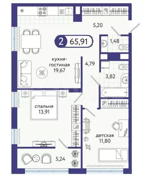 2-к. квартира, 65,9 м, 10/14 эт. - Фото 1