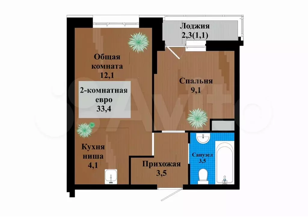 2-к. квартира, 33,4 м, 2/12 эт. - Фото 0