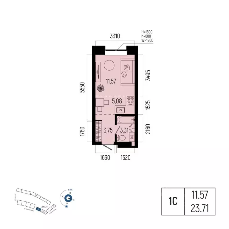 1-к кв. Башкортостан, Уфа Глумилино-1 мкр, Новатор жилой комплекс ... - Фото 1