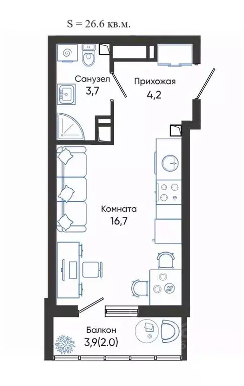 Студия Краснодарский край, Новороссийск Облака 3 жилой комплекс (26.6 ... - Фото 0