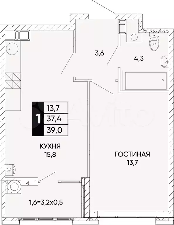 1-к. квартира, 39 м, 4/22 эт. - Фото 0