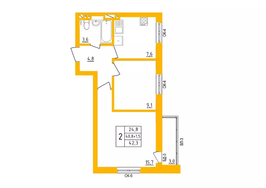 2-к кв. Башкортостан, Уфа Инорс-4Б мкр, Акварель жилой комплекс (42.2 ... - Фото 1