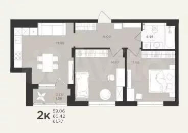 2-к. квартира, 61,8 м, 2/4 эт. - Фото 1