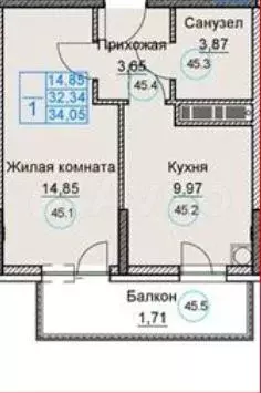 1-к. квартира, 32,3 м, 6/8 эт. - Фото 1