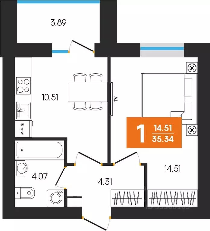 1-к кв. Башкортостан, Октябрьский ул. Островского, 123 (35.34 м) - Фото 1