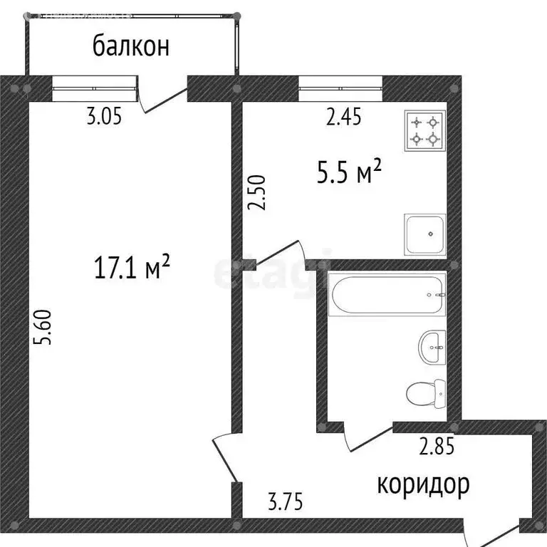 1-комнатная квартира: Черногорск, улица Калинина, 2 (31.7 м) - Фото 1