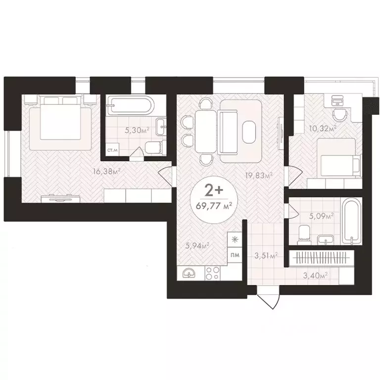 2-к кв. Башкортостан, Уфа Южный-2 мкр,  (69.77 м) - Фото 1