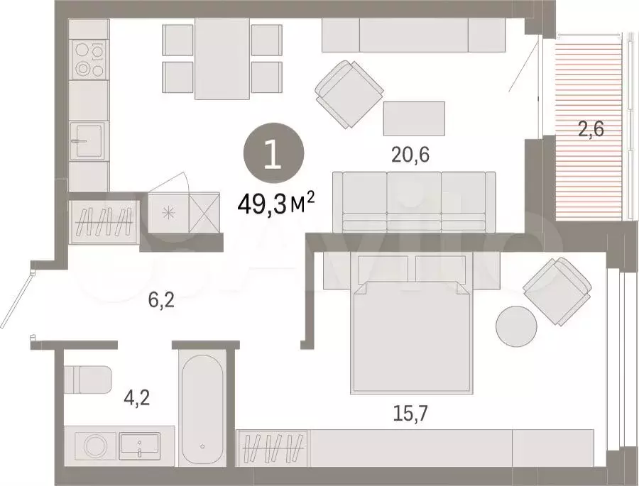 1-к. квартира, 49,3 м, 3/9 эт. - Фото 1