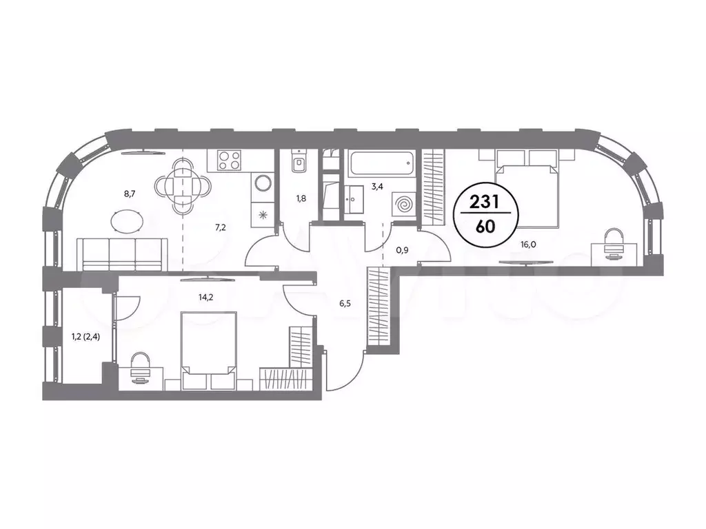 2-к. квартира, 60 м, 13/23 эт. - Фото 0