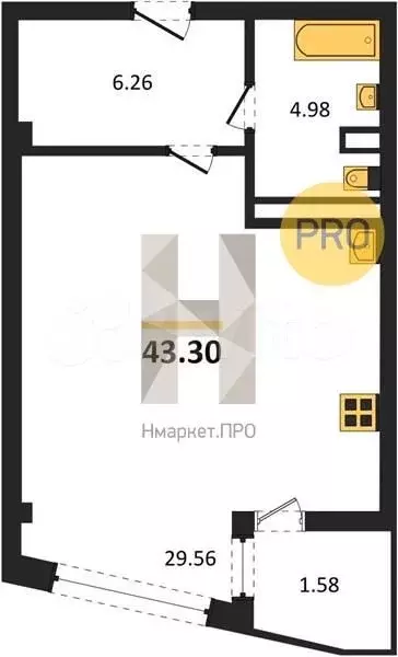 Апартаменты-студия, 43,3 м, 2/5 эт. - Фото 0
