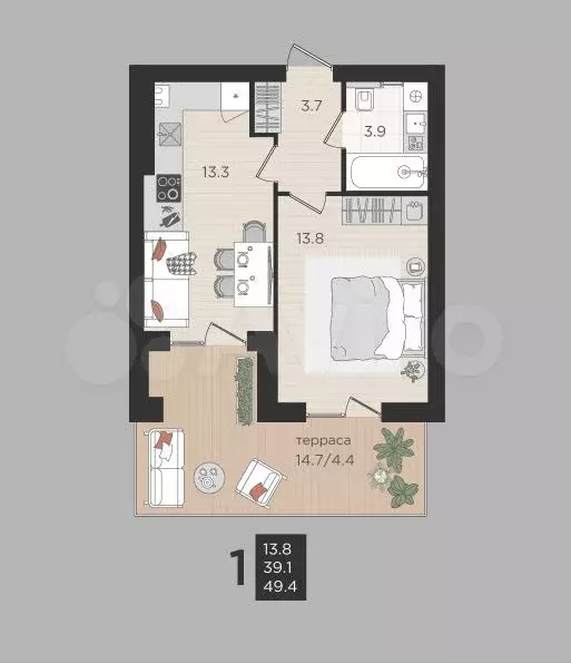1-к. квартира, 49,4 м, 1/4 эт. - Фото 1