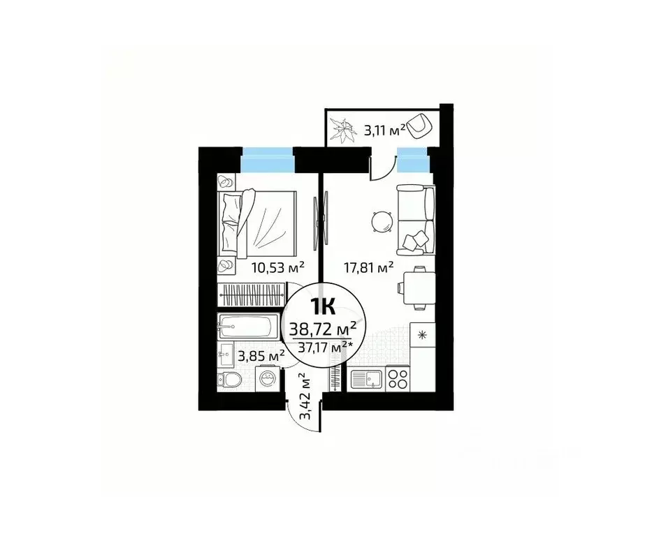 1-к кв. Самарская область, Самара пос. Мехзавод, 1-й кв-л, 50 (38.72 ... - Фото 1