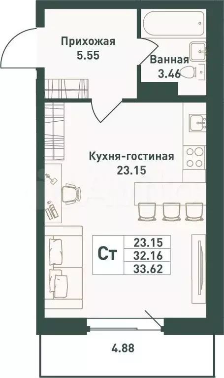 Квартира-студия, 33,6 м, 16/16 эт. - Фото 0