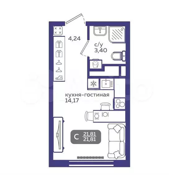 Квартира-студия, 21,8 м, 11/21 эт. - Фото 1