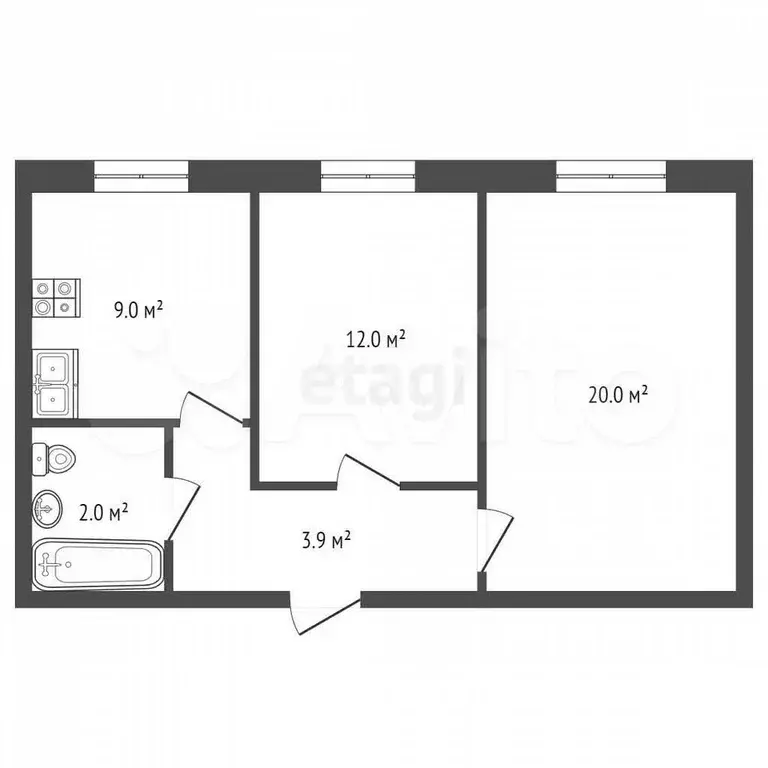 2-к. квартира, 46,9 м, 1/5 эт. - Фото 0