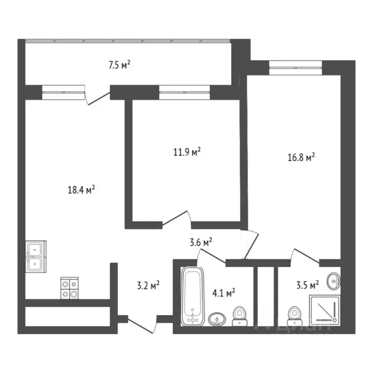 2-к кв. Тюменская область, Тюмень ул. Разведчика Кузнецова, 16/1 (69.0 ... - Фото 2