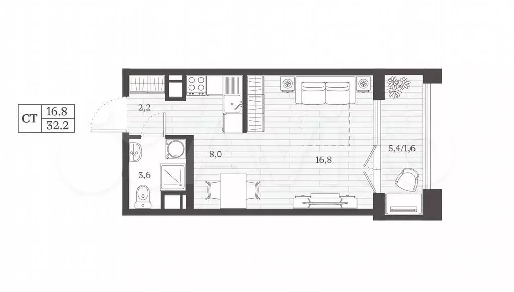 Квартира-студия, 32,2 м, 3/8 эт. - Фото 0